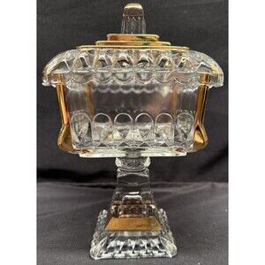Vintage Jeanette clear glass gold trim square Candy Dish/trinket dish with lid